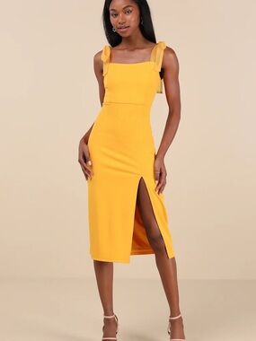 Lulus romantic celebration, yellow tie strap bodycon midi dress, size small
